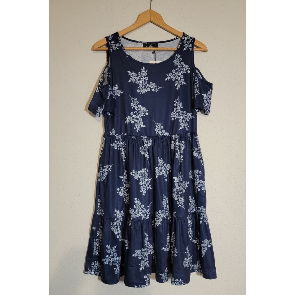 Yathon Women's Casual Cold Shoulder Sleeve Mini Summer Dress Blue Size L‎ NWT